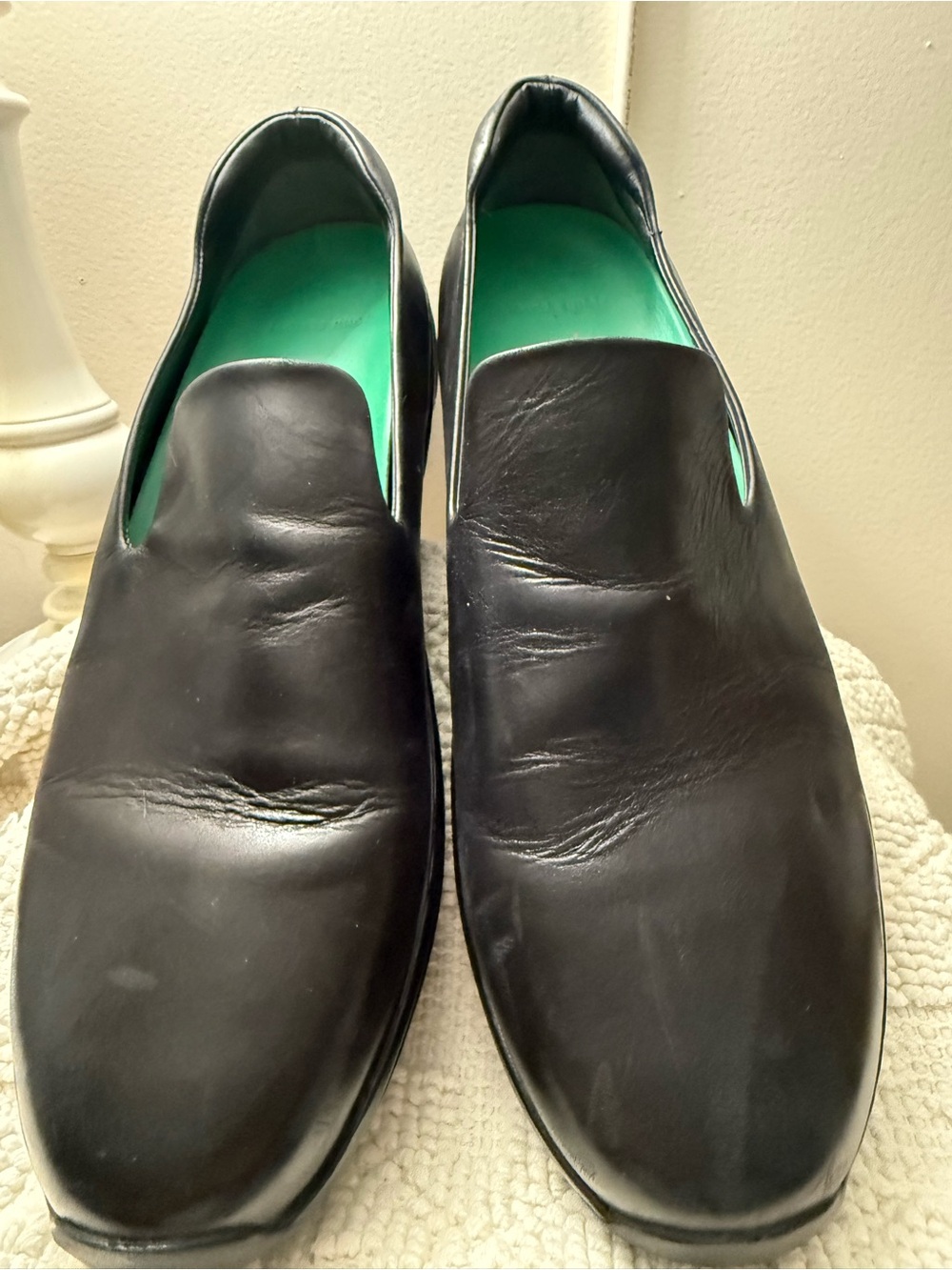 John Elliott Black Leather Slip-On Loafers with Green Insole